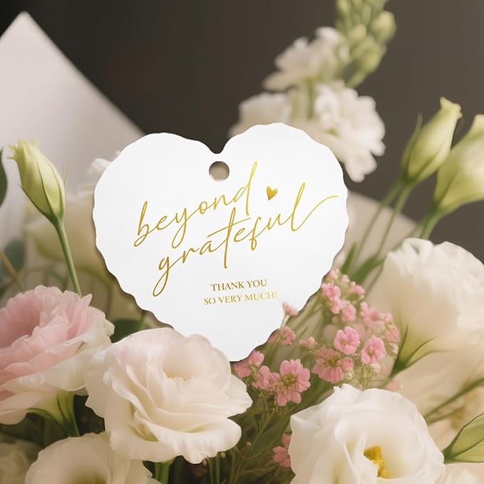 50pcs Gold Foil Thank You Tags with String, Pre-Punched Hole Gift Tags with String - Perfect for Weddings, Baby Showers, Parties, Celebrations - Beyond Grateful(2.36"*2.16")