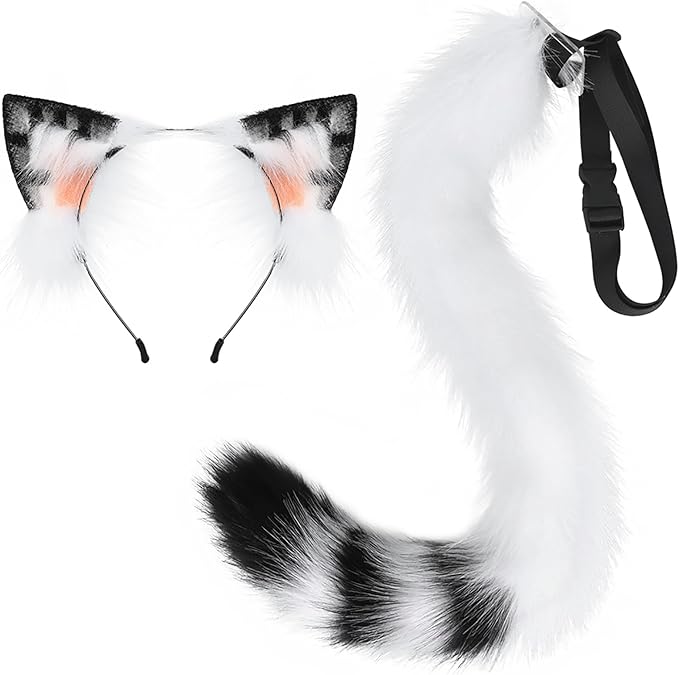 QinRuan Animal Cosplay Costume Accessories Furry Faux Fur Cat Ears Headband and Fox Tail Set Halloween Accessory