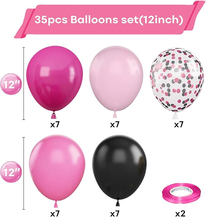 Pink and Black Balloons, 12 Inch Hot Pink Black Balloon with Confetti Balloons for Girls Women Birthday Baby Bridal Shower Wedding Theme Party Decoration