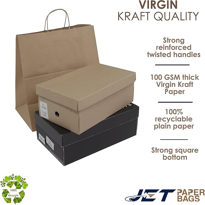 JET PAPER BAGS - 14”x9”x16” Inch [200 Pcs] Large Brown Paper Bags with Handles Prime for Takeout, Grocery, Goody, Retail, Party, Gifts, Weddings
