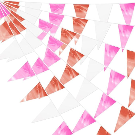 130FT Rose-Gold Pink Glitter Triangle Pennant Banner Flag Metallic Bunting Fabric Garland for Christmas Graduation Wedding Engagement Anniversary Bachelorette Bridal Shower Valentine's Party Decor