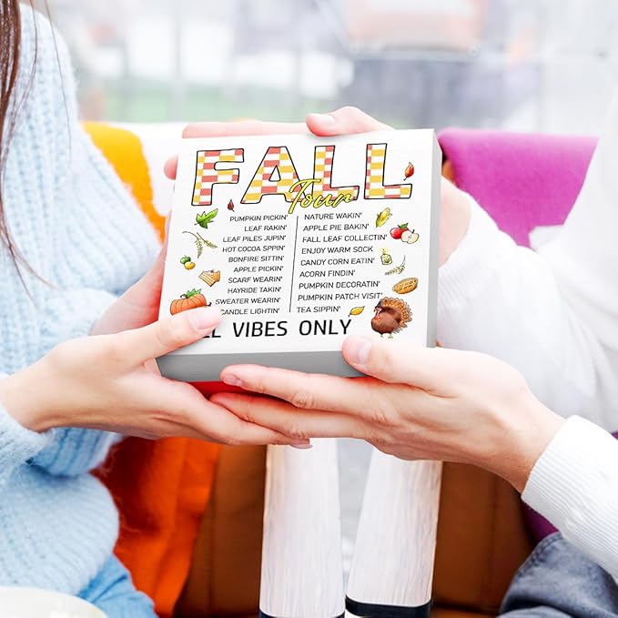 Funny Autumn Wood Box Sign Fall Vibes Only Wooden Block Desk Decor for Home Office Kitchen Cubicle Table Shelf Tabletop,Farmhouse Fall Sign Decor