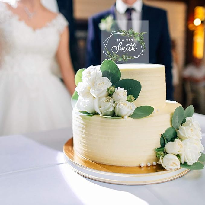 Andaz Press Modern Geometric Greenery Custom Wedding Cake Topper, Acrylic Square Personalized Couple Cake Topper