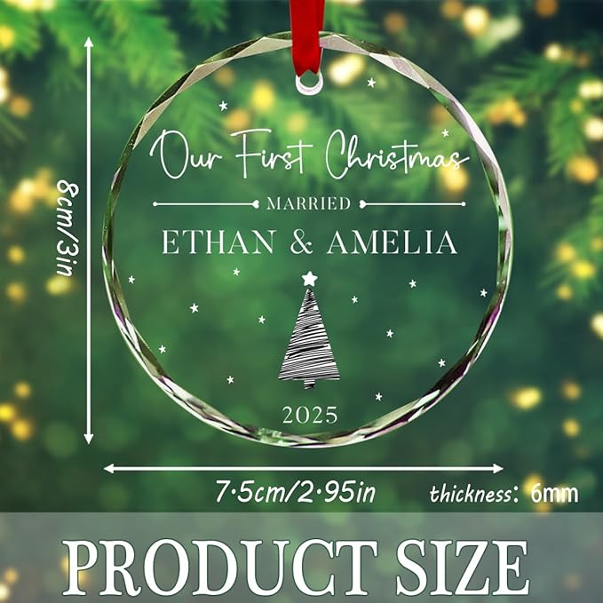 Personalized Round First Christmas Crystal Glass Ornaments Custom 2025 Name Ornament for Christmas Tree Decorations Customized Xmas Tree Hanging Gifts for Family Lover