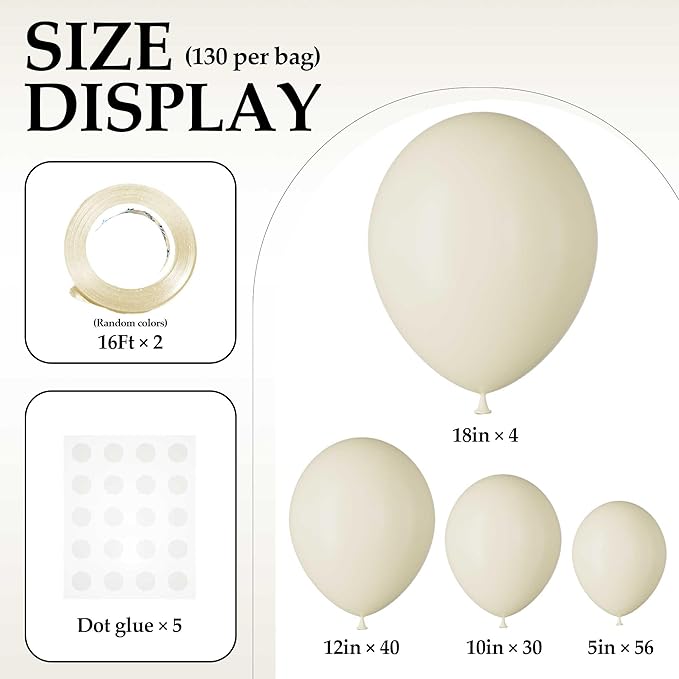 130PCS Ivory White Balloons, Latex Balloons Different Sizes 18/12/10/5 Inch, Helium Balloons with Ribbon, Party Balloon for Birthday Wedding Graduation Anniversary Baby Shower Decoration