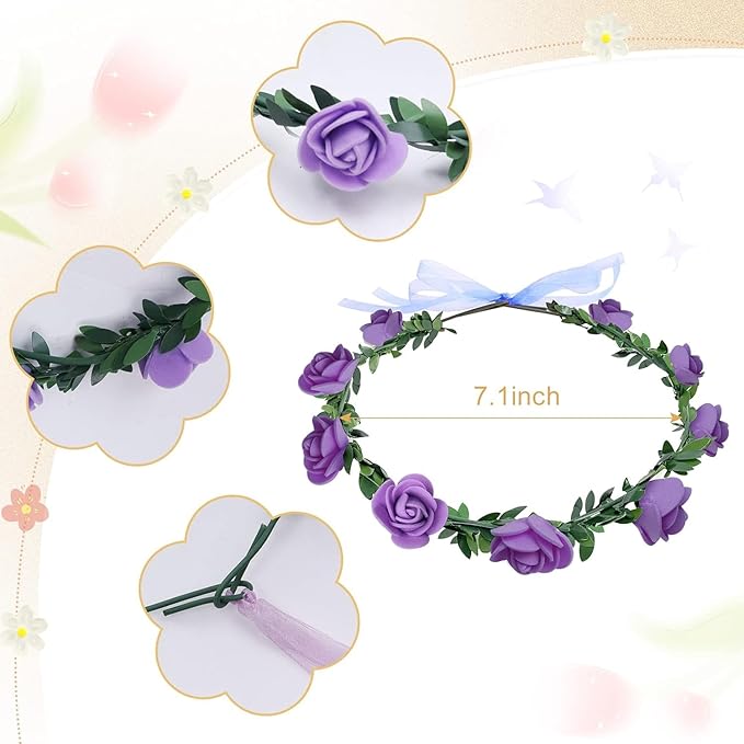 AmFor 11 Pcs Multicolor Rose Flower Wreath Crown Headband Garland Headpiece for Music Festival Celebration Beach Wedding Party