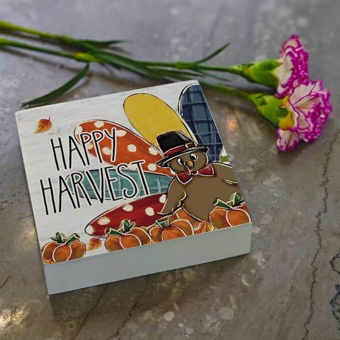 Fall Theme Sign Retro Farmhouse Fall Artwork Decor Autumn Harvest Thanksgiving Wooden Sign, Rustic Wood Maples Decorations for Indoor Outdoor Home Office Supplies (Happy Harvest)