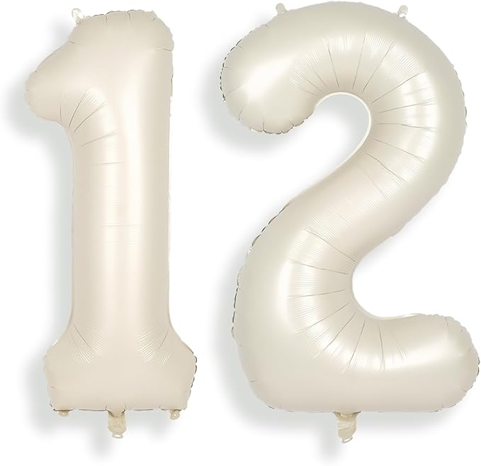 SUWEN 40 Inch Cream White Large 12 Number Balloons Big Foil Helium Number Balloons 0-9 Jumbo Happy 12th Mylar Birthday Party Decorations for Boy or Girl 21 Anniversary Party Supplies