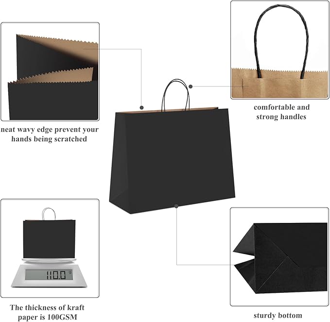 GSSUSA Gift Bags Large with Handles 16x6x12 Black 50Pcs, Kraft Paper Bags Bulk for Small Business, Paper Shopping, Grocery, Shopping bag for Boutique, Merchandise