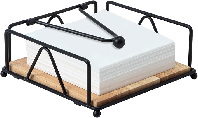 Square Napkin Holder - Durable Table Napkin Dispenser with Weighted Arm, Metal Napkin Storage with Wooden Base, Farmhouse Napkin Holder for Table, Kitchen and Countertops (Black)