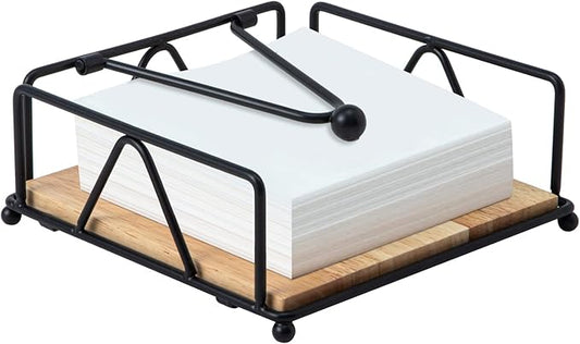 Square Napkin Holder - Durable Table Napkin Dispenser with Weighted Arm, Metal Napkin Storage with Wooden Base, Farmhouse Napkin Holder for Table, Kitchen and Countertops (Black)