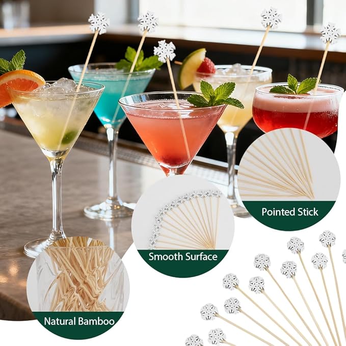 100pcs Snowflake Toothpicks For Appetizers Cocktail Skewers For Drinks Christmas Fruit Picks Snowflake Picks Cocktail Sticks For Garnish Fancy Toothpicks For Charcuterie Cocktail Party Supplies