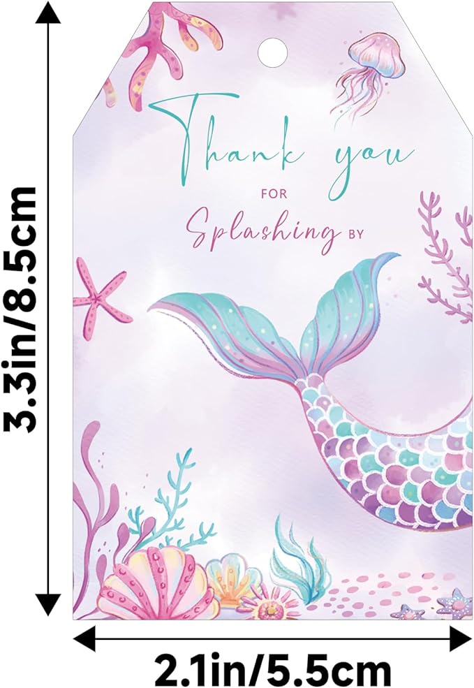 G2PLUS Mermaid Thank You Tag, 50PCS Thank You for Splashing by Tags, Mermaid Birthday Gift Tag, Ocean World Paper Gift Tags with String for Girl Birthday Baby Shower Undersea Theme Party Favors