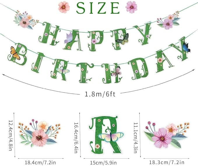 SUNBEAUTY Summer Wildflower Happy Birthday Banner Green Spring Butterfly Flowers Banner Summer Spring Butterfly Birthday Garland Sign Party Decorations Set | Pre-Strung