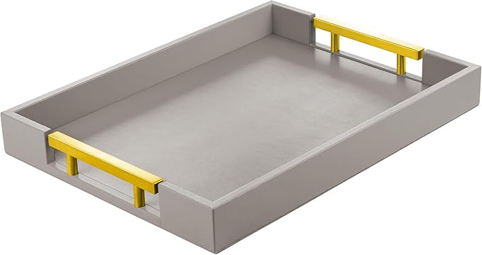 Leather Serving Tray with Gold Polished Metal Handles, Home Decorative Wooden Rectangle Ottoman Decor Platter Bathroom Vanity Tray for All Occasions Grey