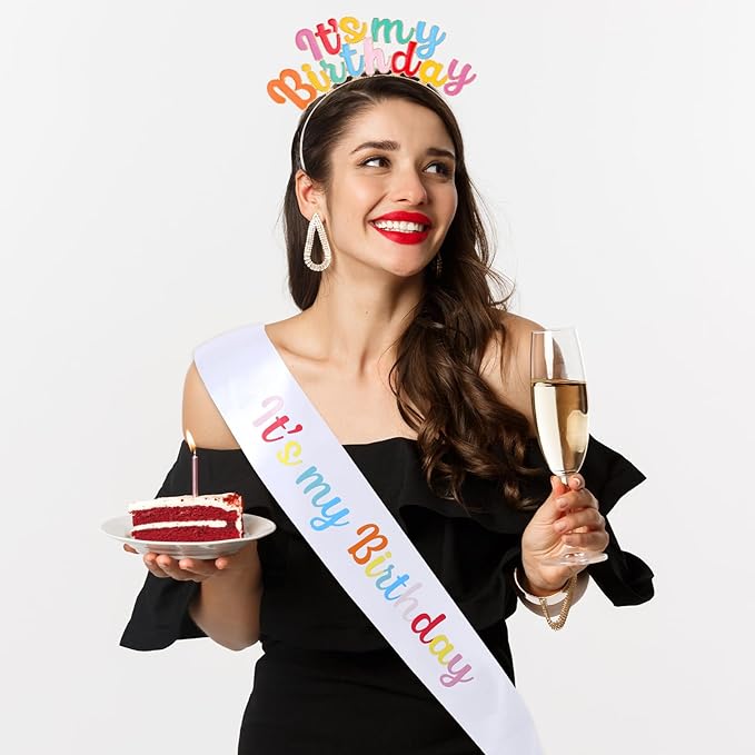 Its My Birthday Headband Set, Rainbow Sash and Crown, Happy Birthday Headpiece for Women Girls Party Decorations (Colorful)