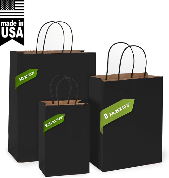 MESHA Gift Paper Bags 500 PACK 8x4.25x10.5 Inch Black Medium Shopping Kraft Bags Bulk with Handles Reusable for Business,Grocery,Birthday,Wedding,Kids Party,Favors
