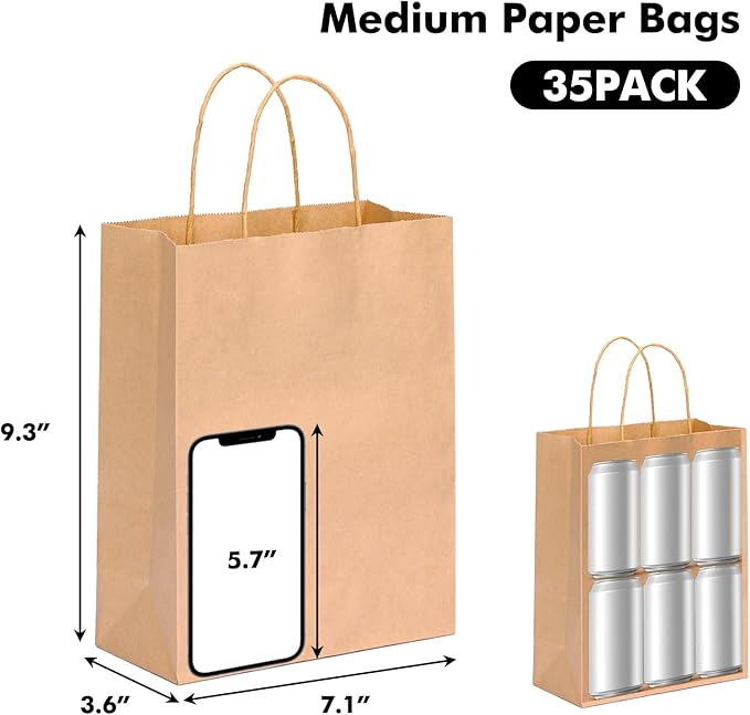 OUTUXED 35pcs Gift Bags, Brown Paper Bags with Handles, 7.1x3.6x9.3in Medium Size Kraft Paper Bags for Retail, Gift Wrapping, and Shopping
