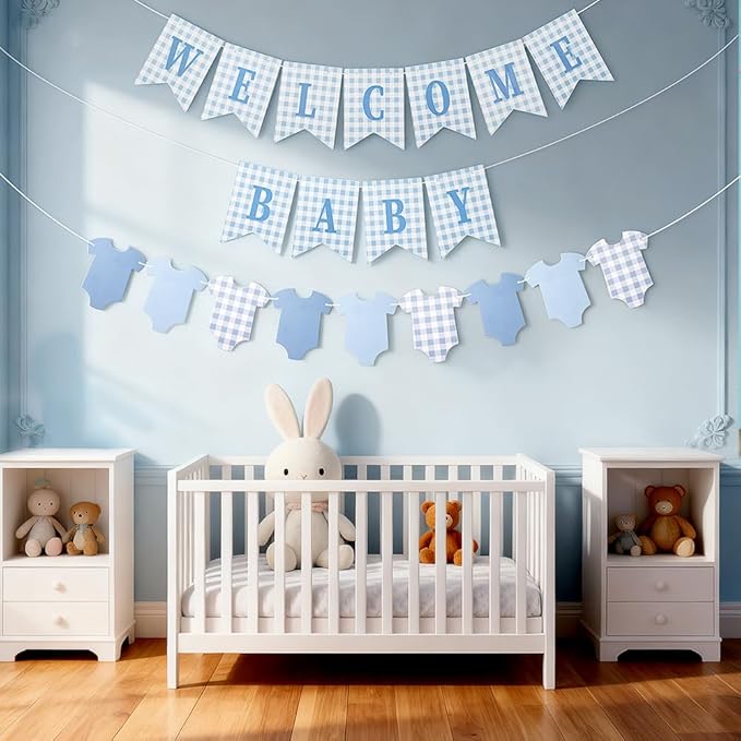 Baby Boy Shower Drcoration - Pre-strung Welcome Baby & Bodysuit Banner - Blue Baby Shower Decor for Boy, Gender Reveal, Photo Prop, Baby Boy Shower Door Sign﻿