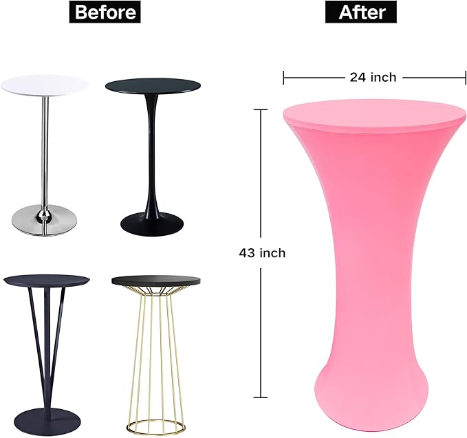 2PCS 24x43 Inch Round Fitted Cocktail Table Cover Pink Spandex Cocktail Table Cloth Highboy Fitted Tablecloth High Top Table Cloths for Party Pub Banquet Bistro