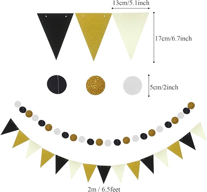 ZERODECO Black and Gold Party Decorations, Confetti Balloons Decorative Folding Fans Paper Pompoms Triangle Bunting Flags Garlands for Graduation Wedding Birthday Photo Backdrop Party Decorations