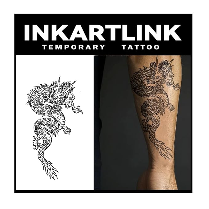 INKARTLINK Tattoo Tech,2 Sheets Extra-Large Semi Permanent Tattoo,Adult Art Design Temporary Tattoos, Lasts 1-2 Weeks, Waterproof, Realistic look, No Adhesive, No reflection (Dargon Design）