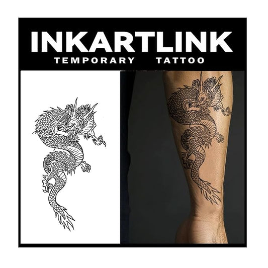 INKARTLINK Tattoo Tech,2 Sheets Extra-Large Semi Permanent Tattoo,Adult Art Design Temporary Tattoos, Lasts 1-2 Weeks, Waterproof, Realistic look, No Adhesive, No reflection (Dargon Design）