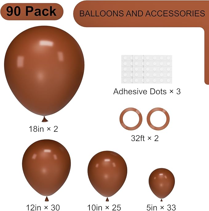 90pack Brown Balloons Different Size 18/12/10/5 Inch Brown Balloon Garland Arch Kit for Graduation, Wedding, Birthday, Princess Theme Party, Valentine's Day Party Decorations
