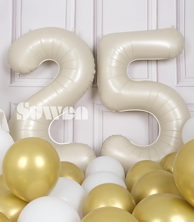 SUWEN 40 Inch Large Cream White 25 Balloon Numbers Big Foil Helium Number Balloons 0-9 Jumbo Happy 25th Mylar Birthday Party Decorations for Women or Men 52 Anniversary Party Supplies