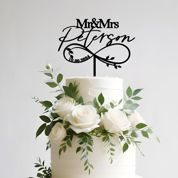 Mr & Mrs Wedding Cake Topper Custom Last Name and Date Personalized Wedding Anniversary Cake Decoration Leaves Infinity in Acrylic