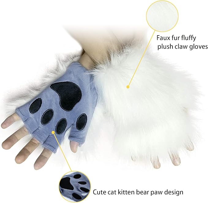 Adolala Faux Fur Fox Tail Cat Wolf Set Plush Mask Fluffy Paw Gloves Halloween Christmas Party for Women