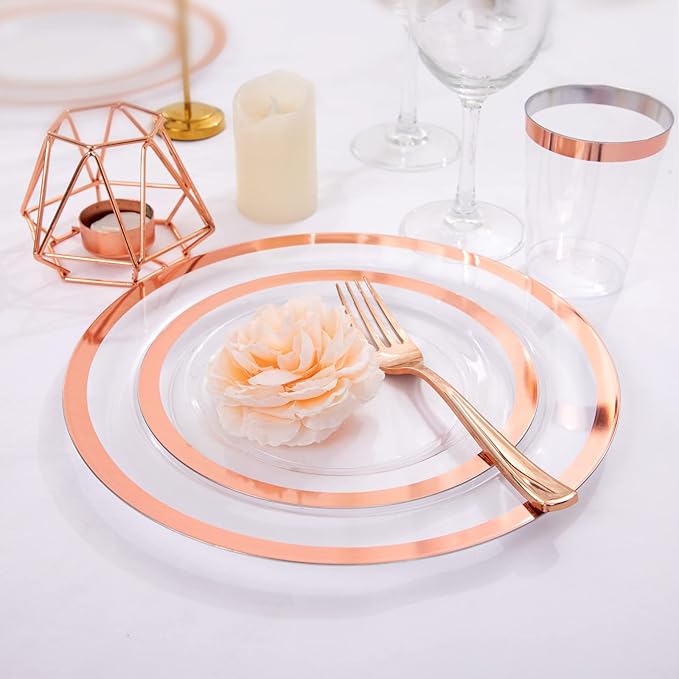 YOUBET 175PCS Rose Gold Plastic Plates - Clear Plastic Plates Disposable with Rose Gold Rim includes 50 Rose gold plates, 25Forks, 25Knives, 25Spoons, 25Cups, 25Napkins for Party & Wedding