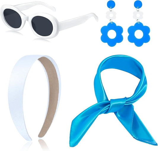 4 Pcs 70s 60s Accessories Women Hippie Disco Groovy Costume Accessories Headband Dangle Earrings Sunglasses Silk Scarf