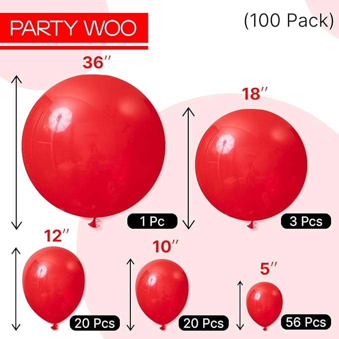 PartyWoo Red Balloons, 100 pcs Matte Balloons Different Sizes Pack of 36 Inch 18 Inch 12 Inch 10 Inch 5 Inch Latex Balloons for Balloon Garland or Balloon Arch as Party Decorations, Red-Y57