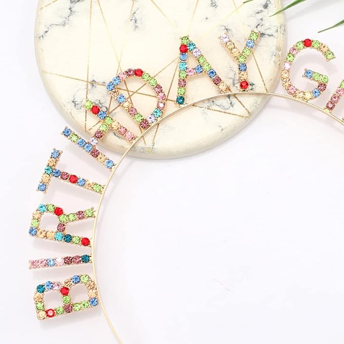 AOPRIE Hairband Birthday Tiara for Women Girls Happy Birthday Princess Crown Rhinestone Accessories, Gold Purple Colorful