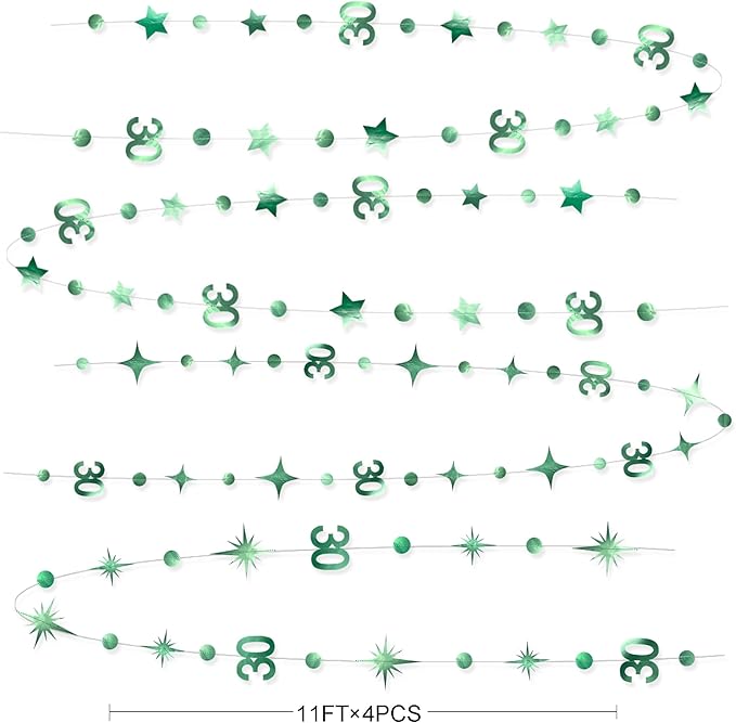 Sage Green 30th Birthday Decorations Number 30 Circle Dot Twinkle Star Garland Metallic Streamer Banner Backdrop for Womens Cheers to 30 Years Old Dirty Thirty Happy 30th Anniversary Party Supplies