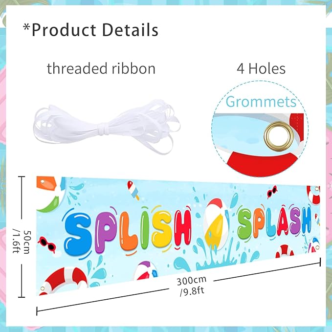 Pool Party Splish Splash Banner, Summer Pool Splish Splash Theme Outdoor Hanging Yard Sign Decor, Splish Splash Party Baby Shower Holiday Supplies (Splish Splash)