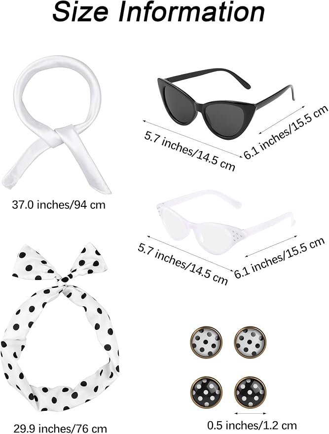 Aneco 6 Pack 50s Set Chiffon Scarf Cat Eye Glasses Bandana Tie Headband Earrings
