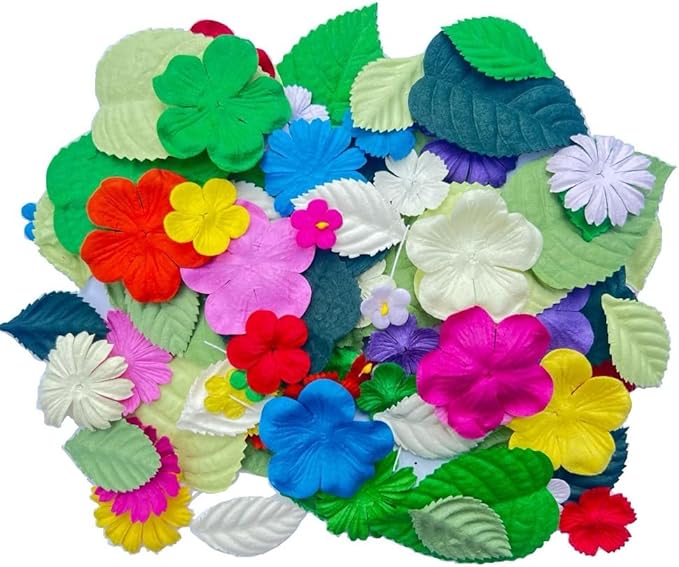 100 Pcs Handmade Mixed Mulberry Paper Flowers Petals and Leaves Scrapbooking Wedding DIY Craft Supplies Card(Mixed Colors Flowers/Green Tone Leaves)