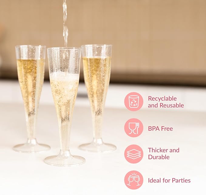 Prestee 200 Disposable Champagne Flutes Plastic 200 Pack - Silver Glitter Champagne Flutes for Weddings, Parties, and New Year’s Eve - 4.5 Oz Plastic Silver Party Glasses