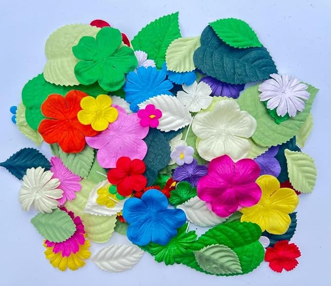 100 Pcs Handmade Mixed Mulberry Paper Flowers Petals and Leaves Scrapbooking Wedding DIY Craft Supplies Card(Mixed Colors Flowers/Green Tone Leaves)