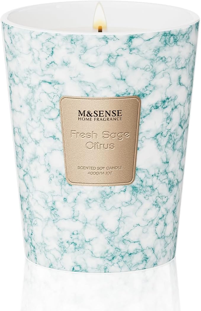 M&SENSE Fresh Sage Citrus Scented Candles for Home, 3 Wick Highly Scented Jar Candle, 14.1 Oz 80H Long Lasting Burning Christmas Candle for Women, Aromatherapy Candles for Holiday Christmas Gift