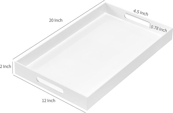 Glossy White Sturdy Acrylic Serving Tray with Handles 12x20x2H Inches -Spill Proof- Decorative Trays Countertop Organizer for Ottoman Coffee Table Nightstand, sidetable, Breakfast, Tea, Food