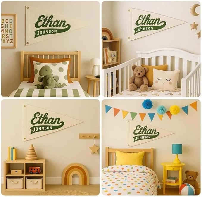 Personalized Name Pennant Flag, Handmade Embroidered Custom Canvas Nursery Pennant for Boy Girl, Baby Name Banner Flag Wall Hanging for Bedroom Dorm Baby Shower Kids Room