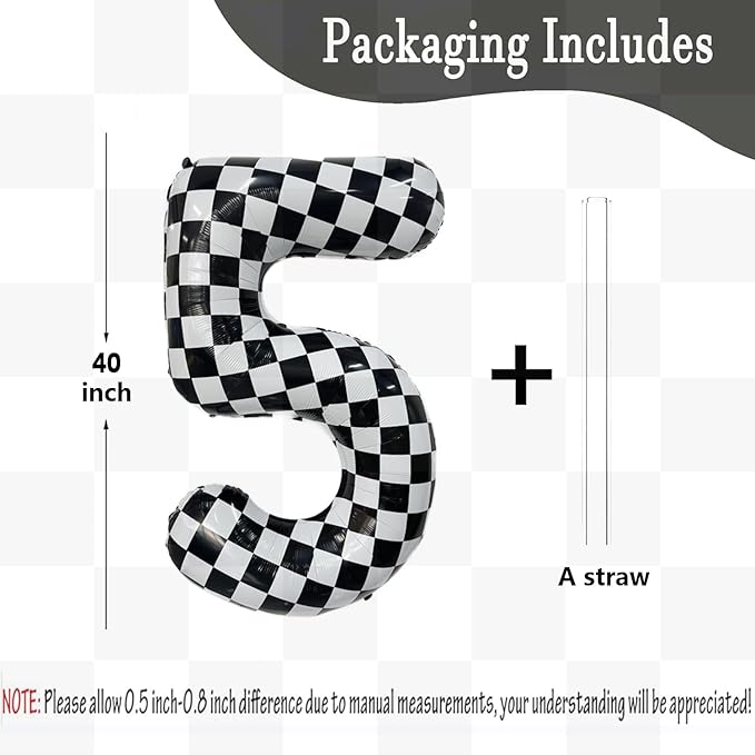 40 Inch Checkered Number Balloon 5 Black and White Number 5 Balloon Foil Helium Balloons for Birthday Party Decoration Girls Boys Baby Shower Anniversary Decoration Race Car Party Decoration