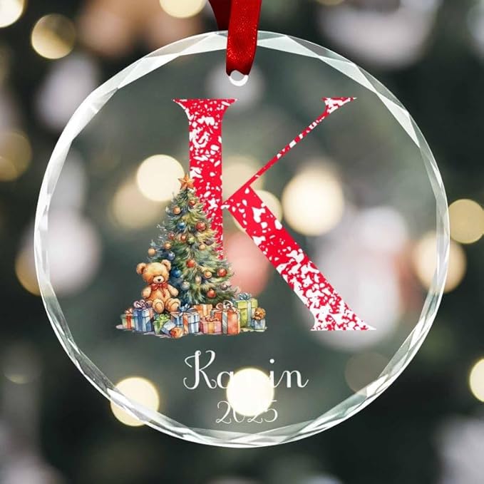 Personalized Round Christmas Crystal Glass Ornaments Custom 2025 Name Ornament for Christmas Tree Decorations Customized Xmas Tree Hanging Gifts for Family Friends
