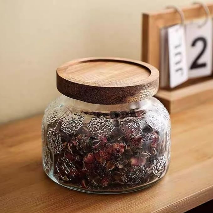 ANSQU Vintage Glass Jar with Solid Wood Lid, 25.4 FL OZ Snowflake Pattern Food Storage Jar, Home Kitchen Decorative Storage Cabinet, Oatmeal, Jam, Coffee, Candy, Cookie Jar, Pet Food Jar (Snowflake)