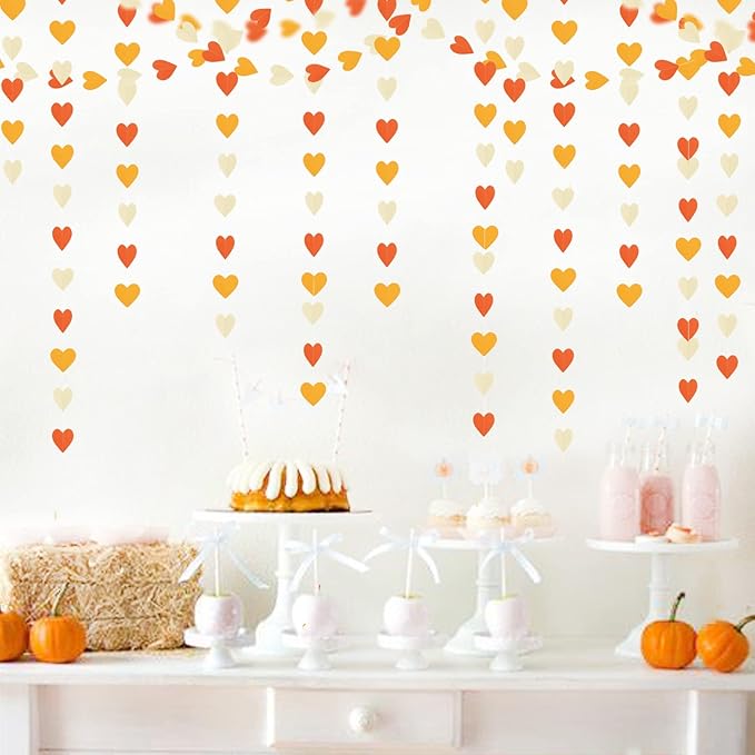 Light-Yellow Orange Party-Decorations Heart Garland-Streamers - 52Ft Fall Autumn Thanksgiving Harvest Paper Banner,Birthday Baby Bridal Shower Engagement Wedding Bachelorette Decor Lasting Surprise