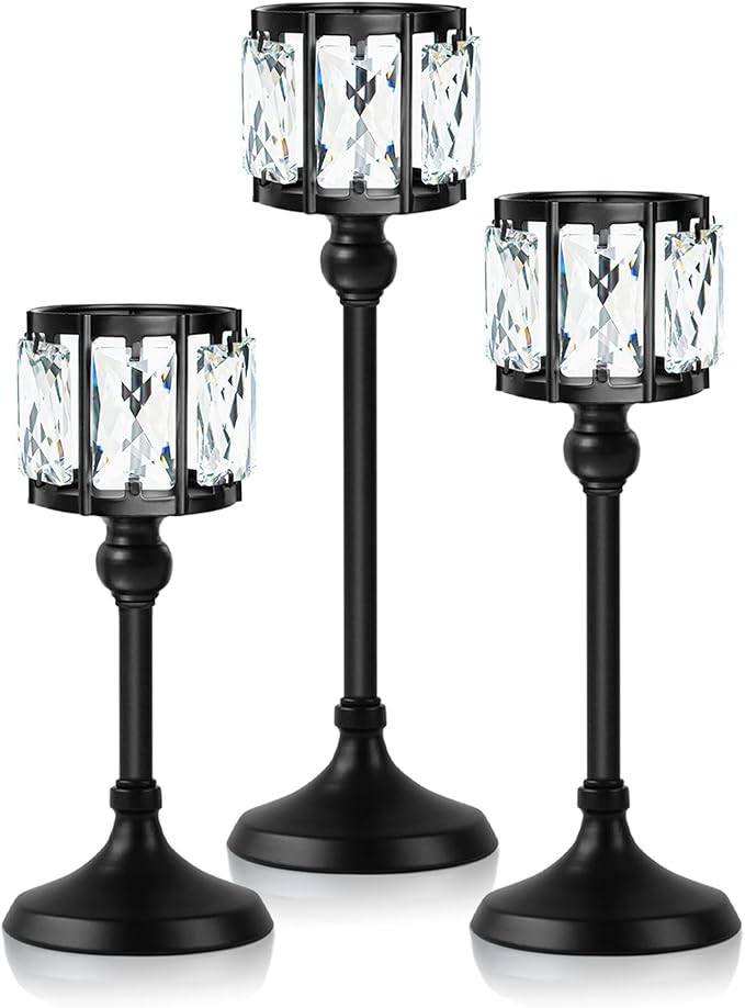 Set of 3 Cup Crystal Tealight Candle Holders, Centerpieces for Table Wedding Centerpieces Crystal Decorative Tealight Candle Dining Table Candle Holder Decor for Party (8.7"+10.6"+12.2", Black)