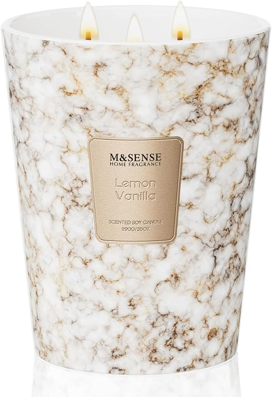 M&SENSE Extra Large Candle 35oz 150H LemonVanilla Scented, 3 Wick Highly Scented Jar Candle, XL Large Christmas Gift Candle for Women, Long Lasting Burning for Holiday, Thanksgiving, Christmas